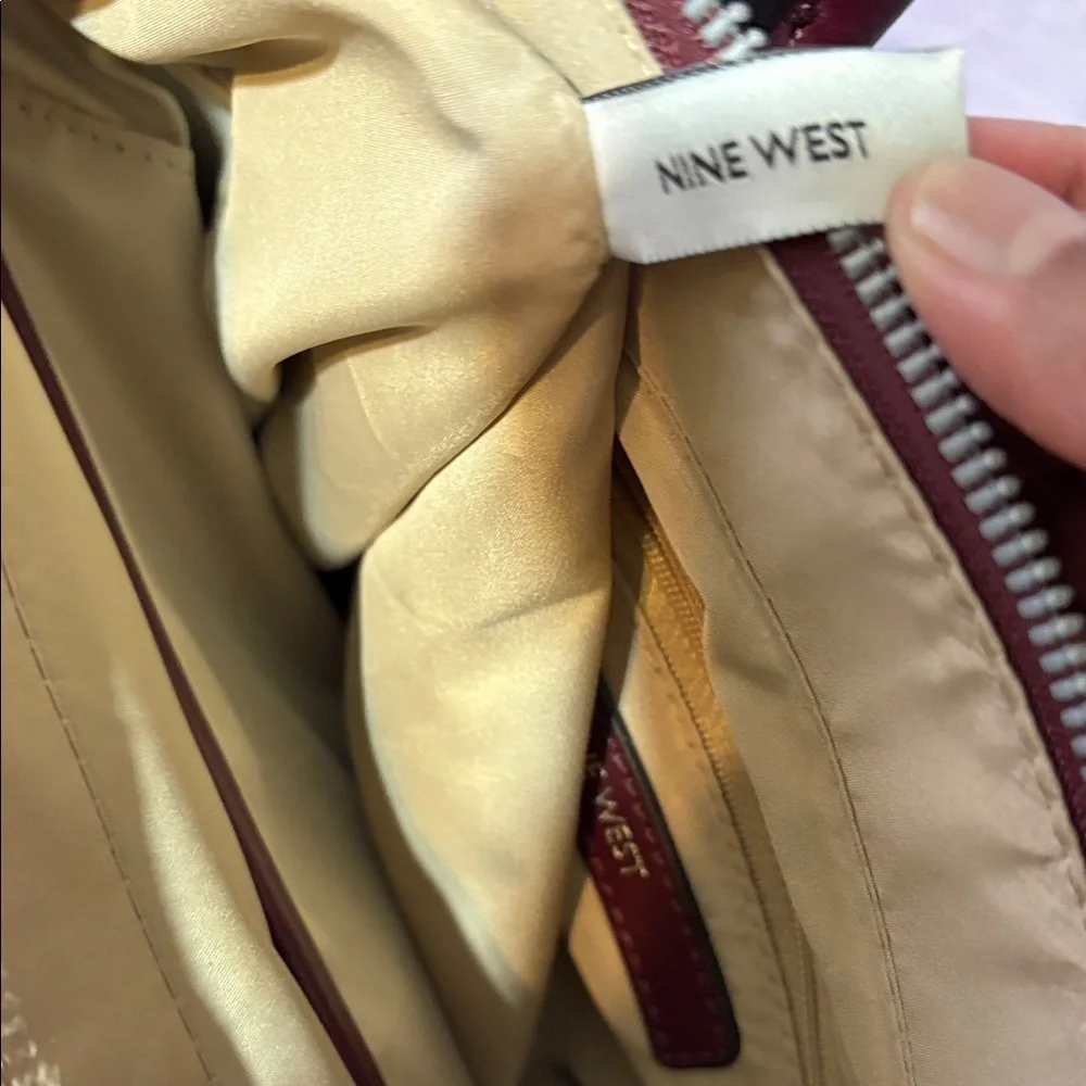 Nine West Burgundy & Brown Monogram Satchel – Faux Leather Crossbody Bag